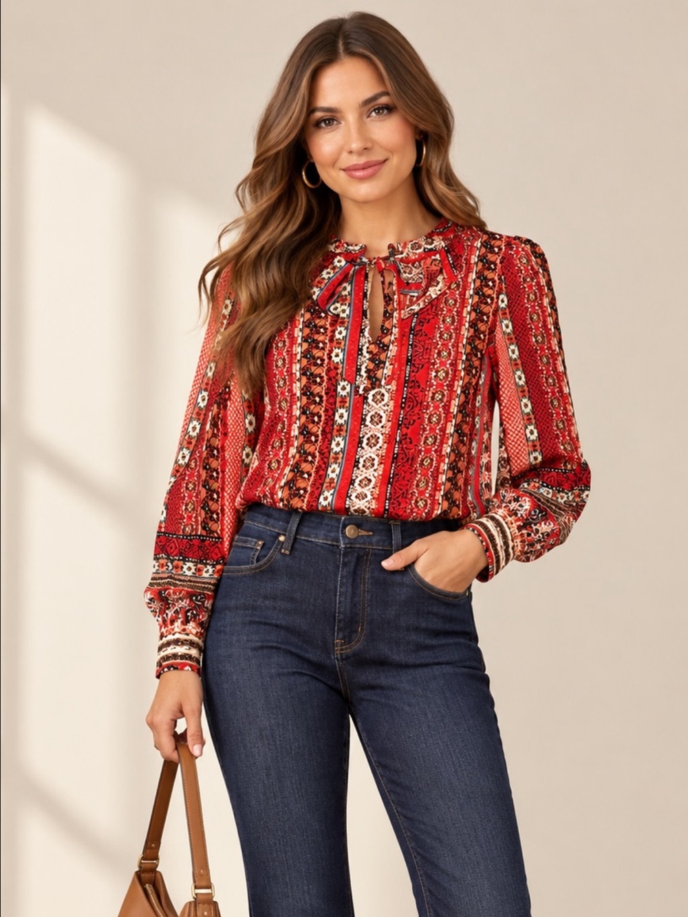 Loft Red Patterned Long-Sleeve Boho Top